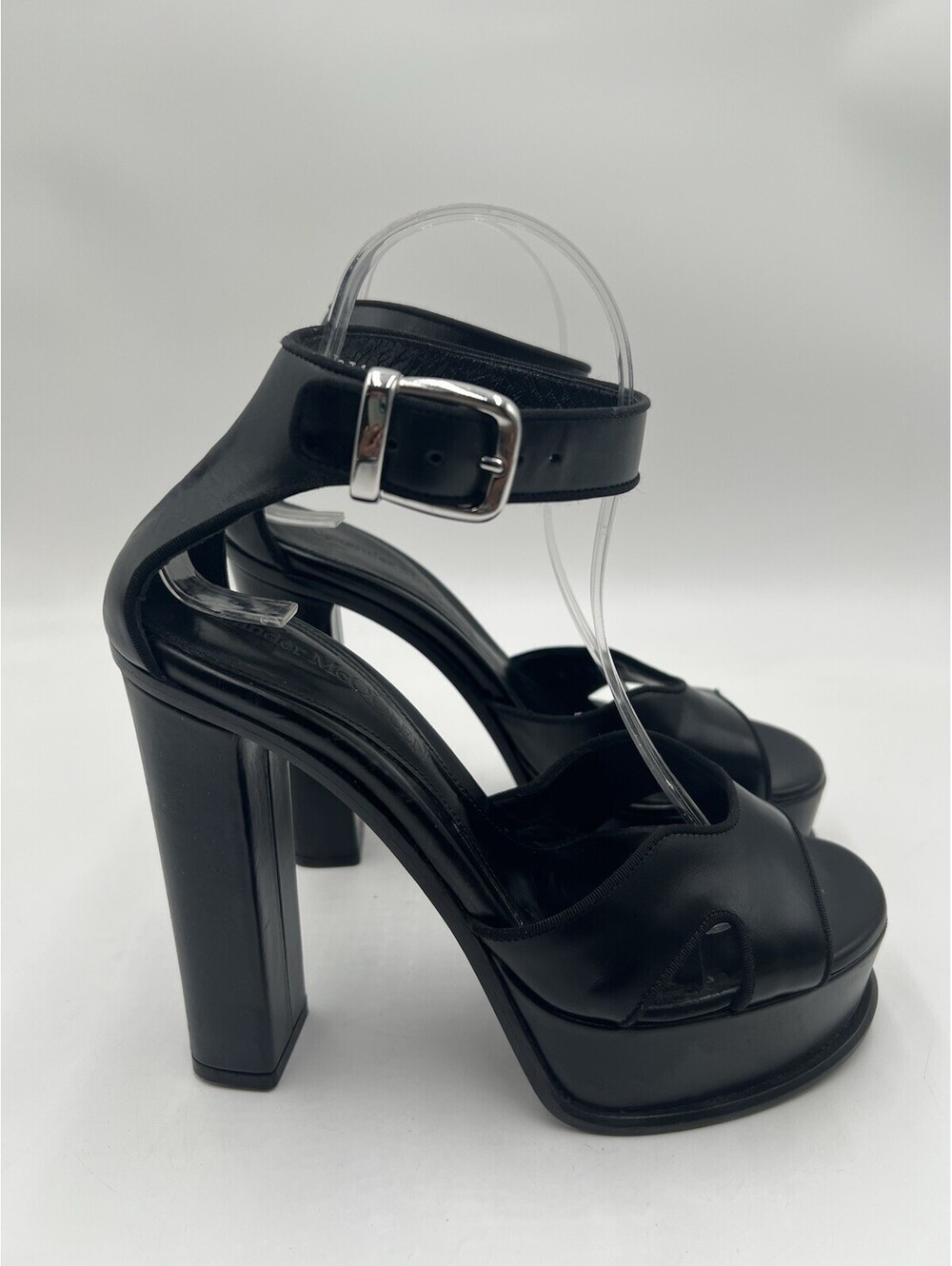 Alexander McQueen Women Black Leather Platform Heel Sandal Shoe Size 39